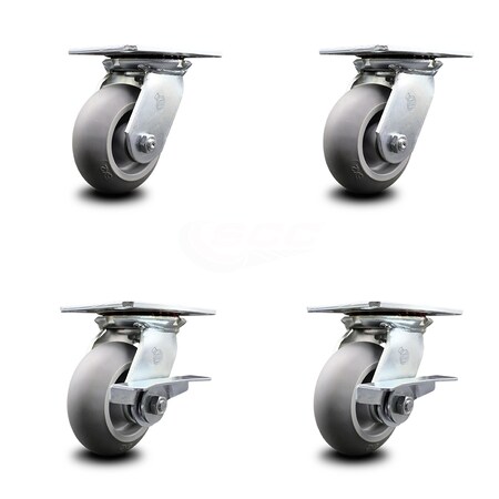 Heavy Duty Large Top Plate Thermo Rubber Donut Tread Swivel Caster Set of 4 w/5" x 2" Gray Wheels - Includes 2 Swivel with Brakes & 2 Swivel - 1400 lbs Total Capacity - Service Caster Brand